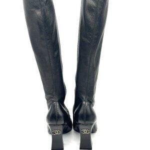 CHANEL 21B Stretch Leather CC Curved Heel Knee High Tall Boots